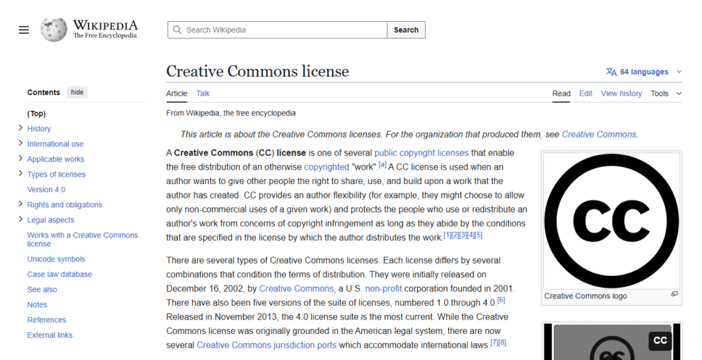Wikipedia page on Creative Commons licences